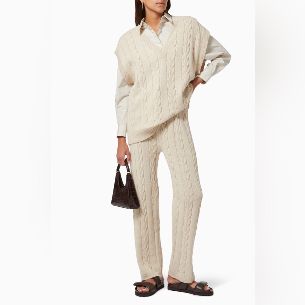 FRANKIE SHOP Jules Cable Knit Wool Sweater Vest + Lounge Pant SET in Buttercream